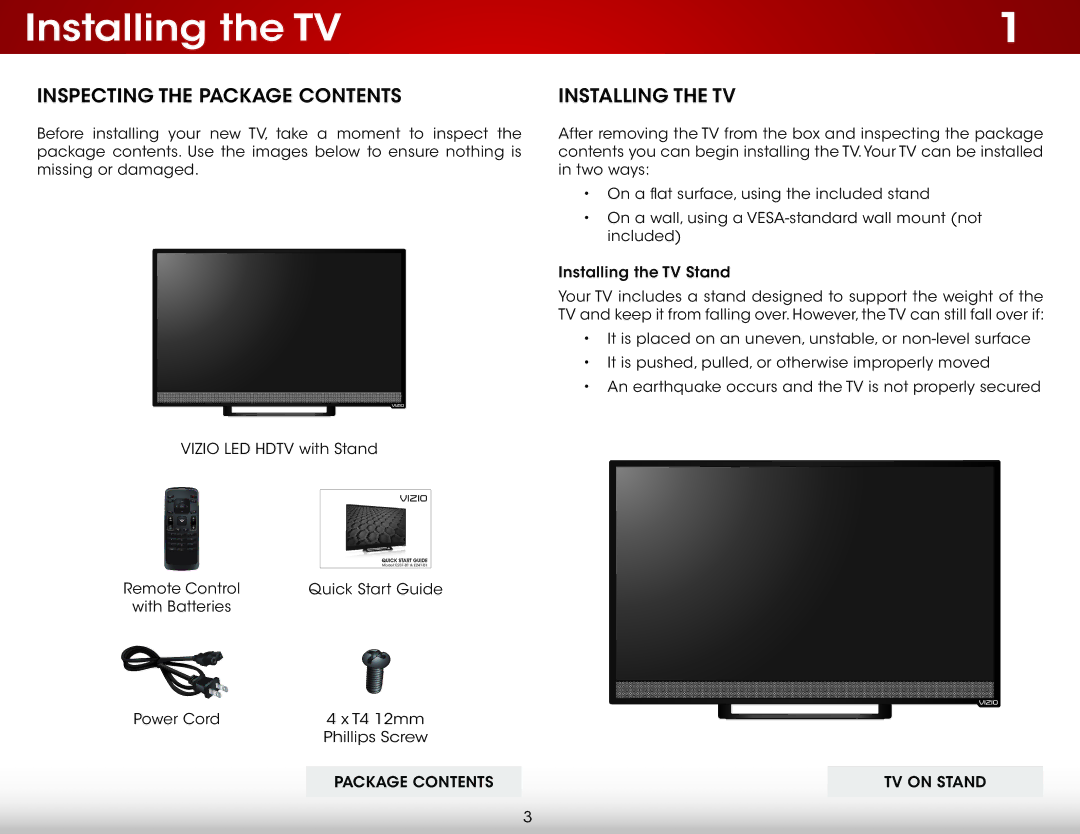 Vizio E231-B1 user manual Installing the TV, Inspecting the Package Contents 