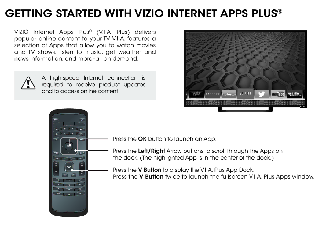 Vizio E231i-B1, E241i-B1 manual Getting Started with Vizio Internet Apps Plus 