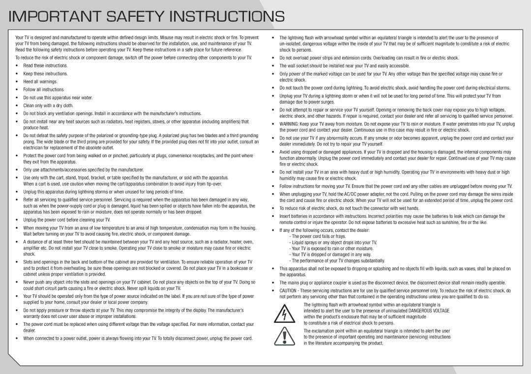 Vizio E240AR manual Important Safety Instructions, Unplug the power cord before cleaning your TV 