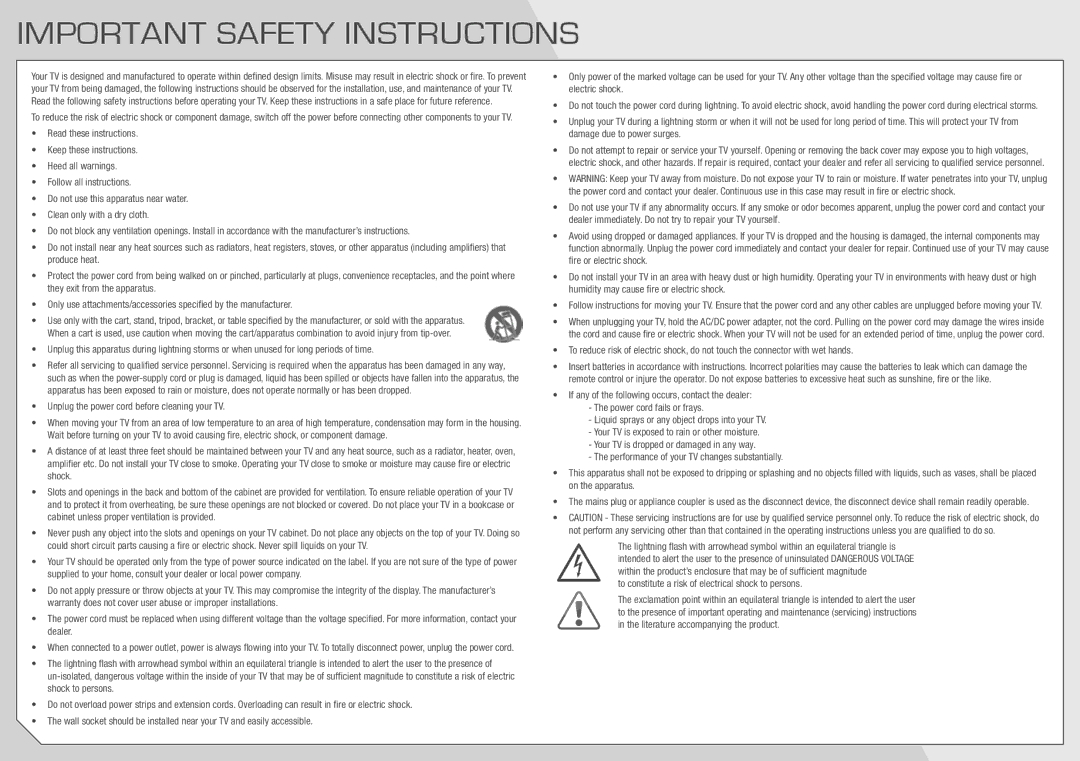 Vizio E241-A1, E290-A1 user manual Important Safety Instructions, Unplug the power cord before cleaning your TV 