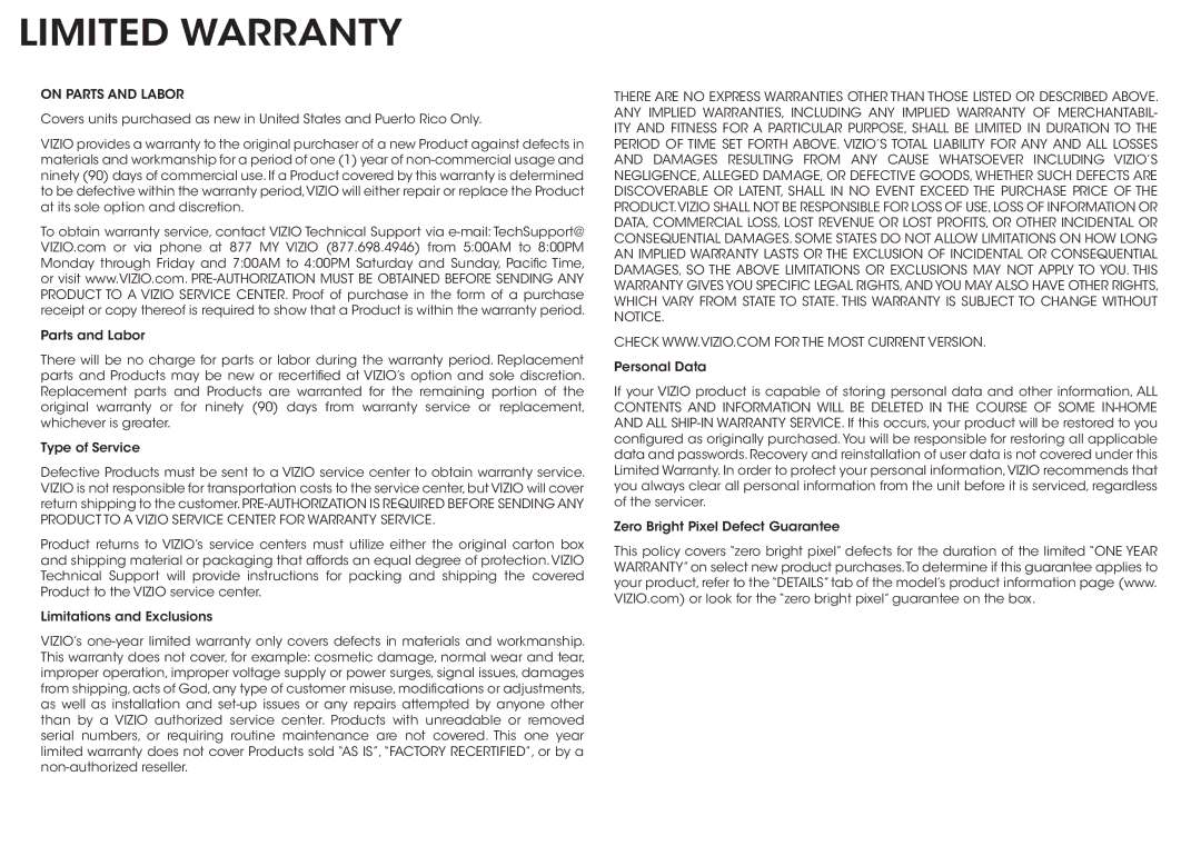 Vizio E231-B1, E241-B1 manual Limited Warranty, On Parts and Labor 