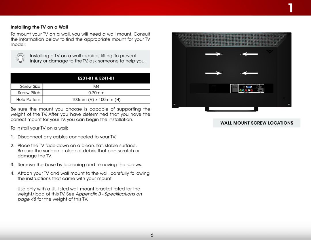 Vizio E241-B1, E231-B1 user manual Wall Mount Screw Locations 