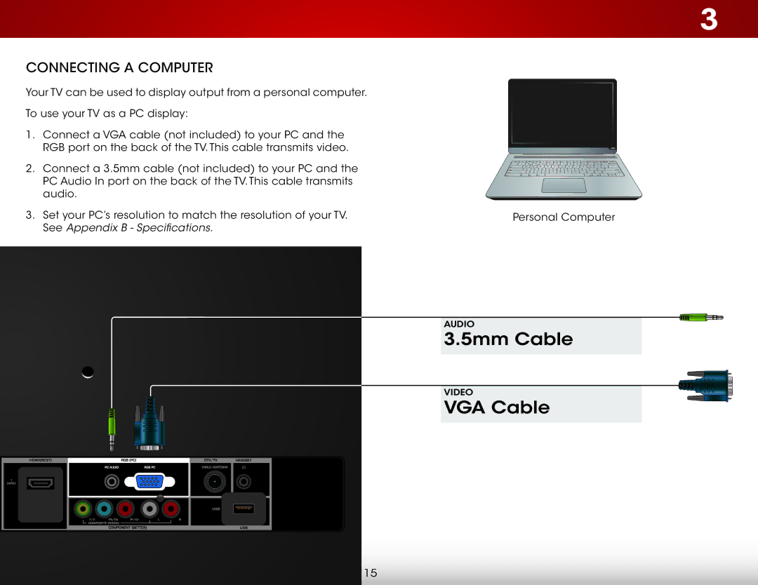 Vizio E231-B1, E241-B1 user manual VGA Cable, Connecting a Computer 