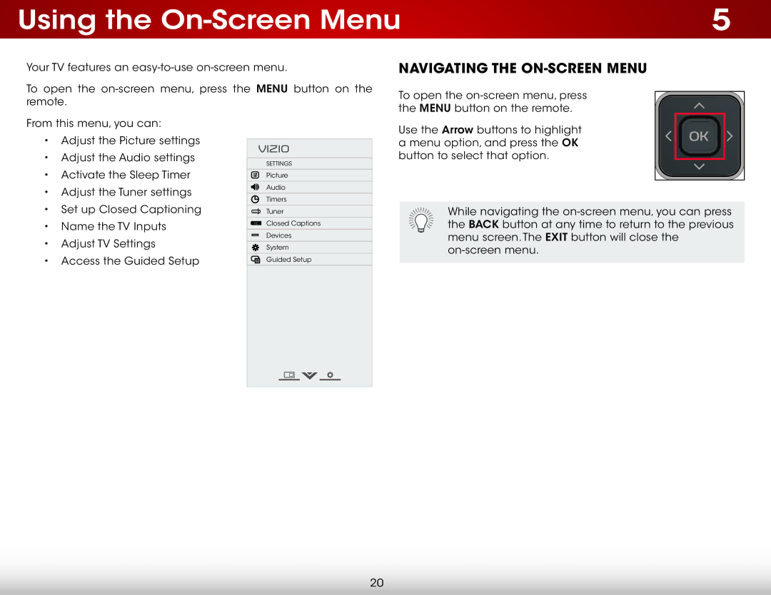 Vizio E241-B1, E231-B1 user manual Using the On-Screen Menu, Navigating the ON-SCREEN Menu 