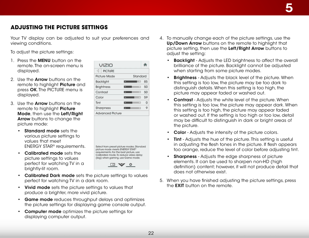 Vizio E241-B1, E231-B1 user manual Adjusting the Picture Settings, Vizio 