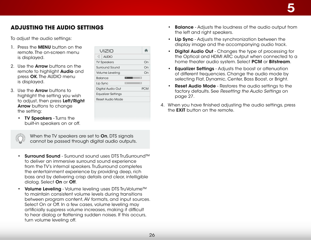 Vizio E241-B1, E231-B1 user manual Adjusting the Audio Settings, Factory defaults. See Resetting the Audio Settings on 