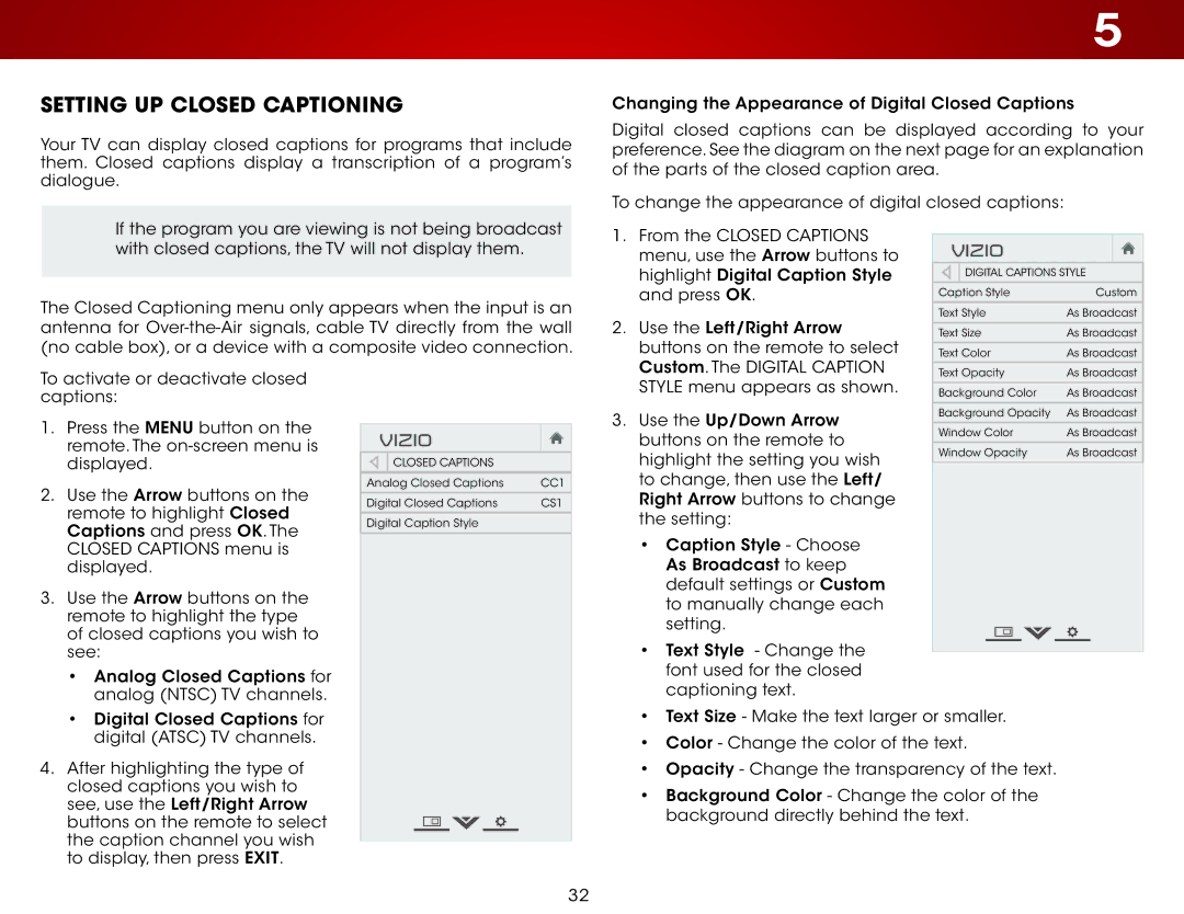 Vizio E241-B1, E231-B1 user manual Setting UP Closed Captioning 