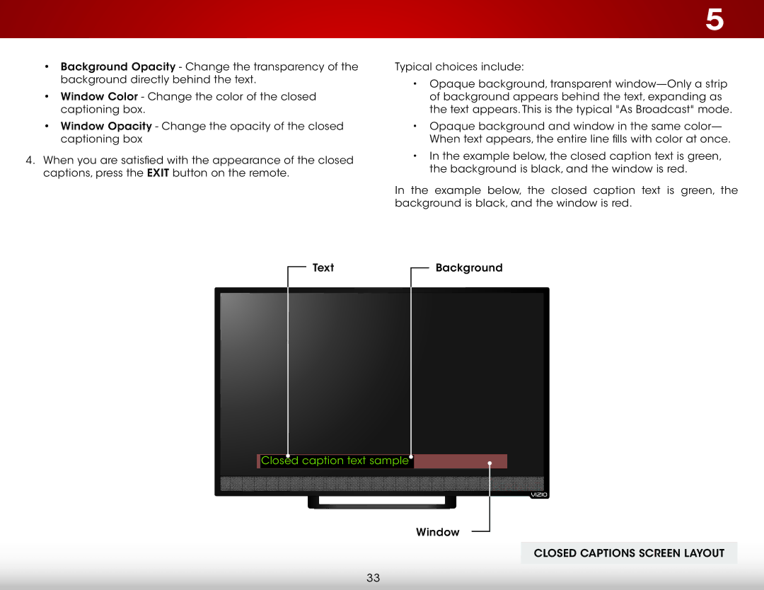 Vizio E231-B1, E241-B1 user manual Closed Captions Screen Layout 