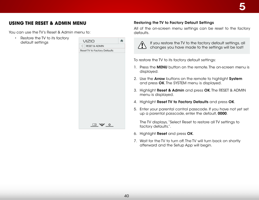 Vizio E241-B1, E231-B1 user manual Using the Reset & Admin Menu 