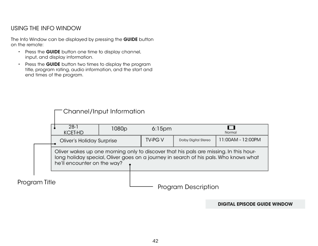 Vizio E241-B1, E231-B1 user manual Channel/Input Information, Using the Info Window 