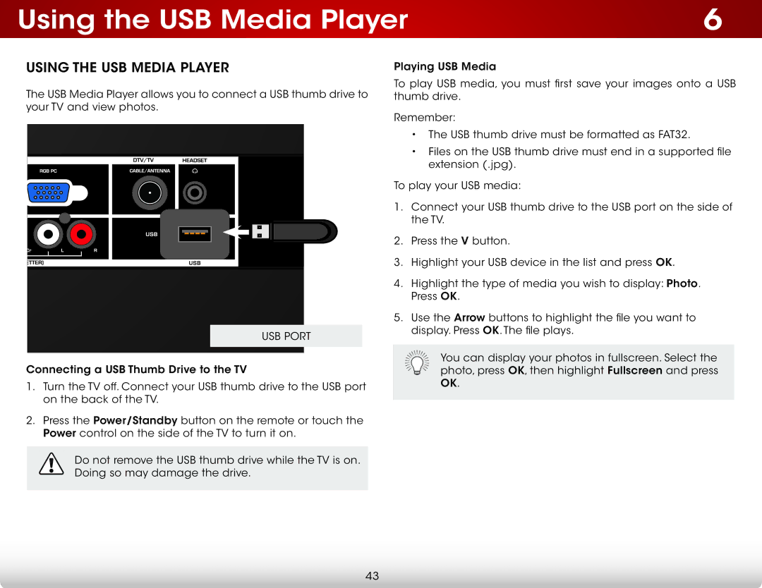 Vizio E231-B1, E241-B1 user manual Using the USB Media Player 