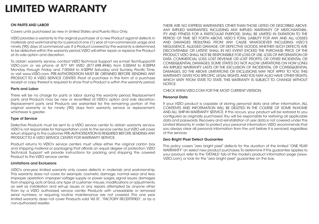 Vizio E231-B1, E241-B1 manual Limited Warranty 