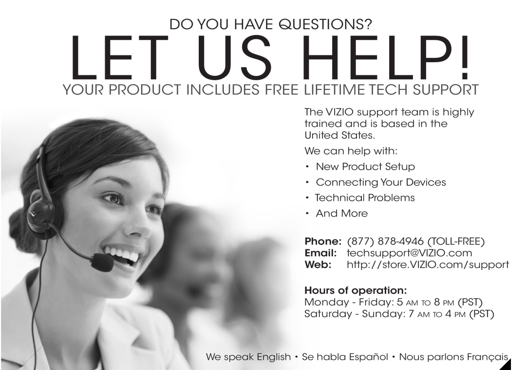 Vizio E231-B1, E241-B1 manual Let Us Help, Do You Have Questions?, Your Product Includes Free Lifetime Tech Support 