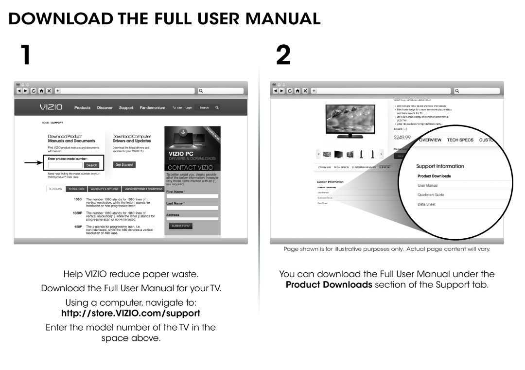 Vizio E231-B1 Download The Full User Manual, Help VIZIO reduce paper waste, Download the Full User Manual for your TV 