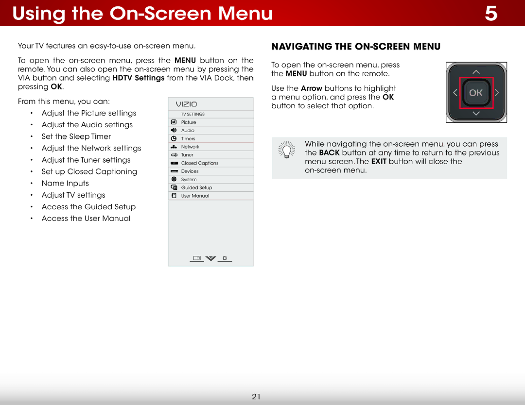 Vizio E241I-A1 user manual Using the On-Screen Menu, Navigating the On-Screen Menu 