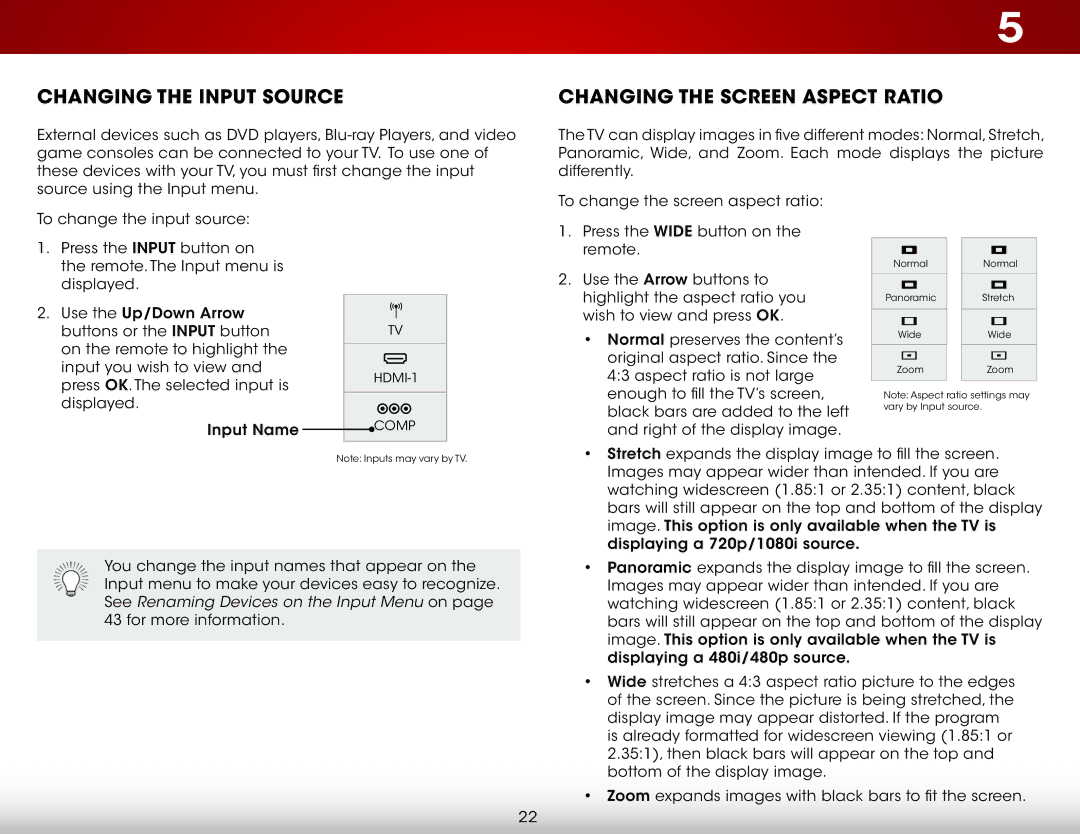 Vizio E241I-A1 user manual Changing the Input Source, Changing the Screen Aspect Ratio 