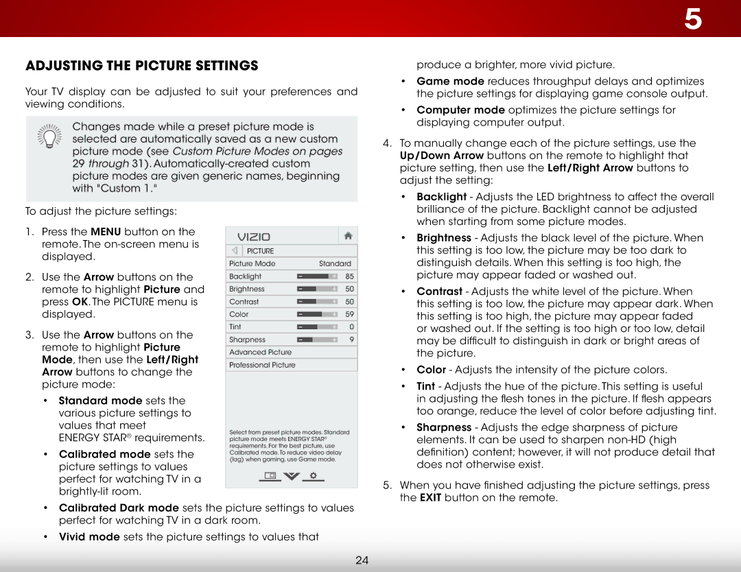 Vizio E241I-A1 user manual Adjusting the Picture Settings 