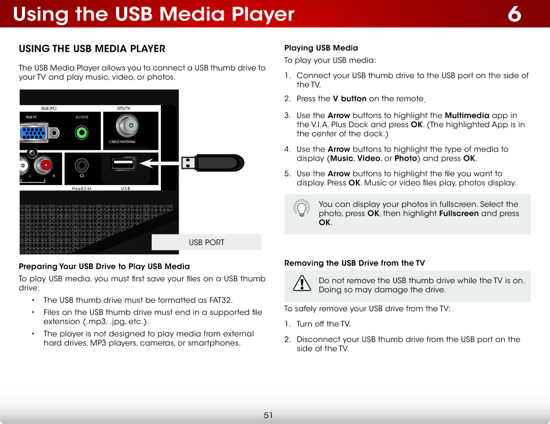 Vizio E241I-A1 user manual Using the USB Media Player, USB Port 