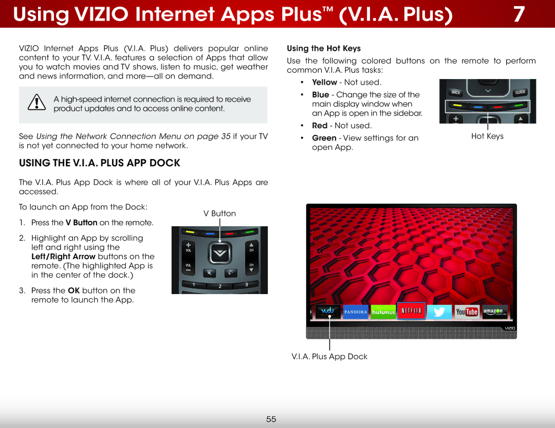 Vizio E241I-A1 user manual Using Vizio Internet Apps Plus V.I.A. Plus, Using the V.I.A. Plus App Dock 