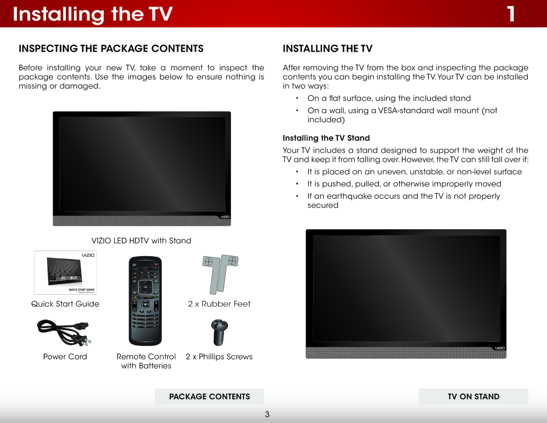 Vizio E241I-A1 user manual Installing the TV, Inspecting the Package Contents 