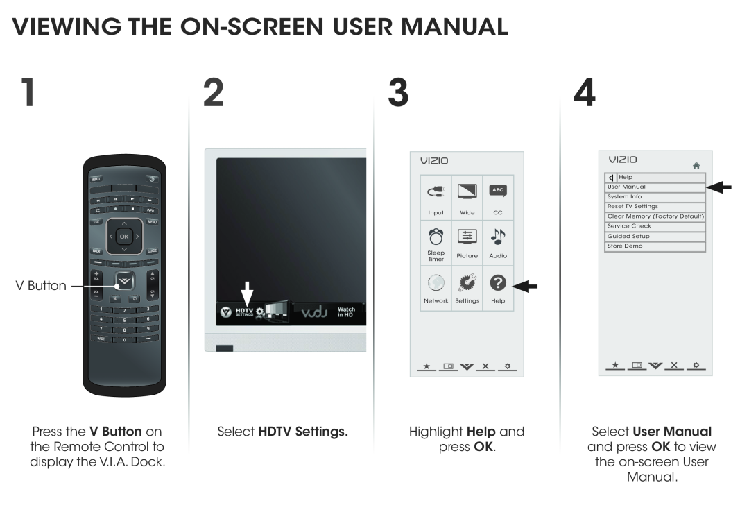 Vizio E241I-A1W Viewing The On-Screen User Manual, Vizio, Sleep, Picture, Audio, Timer, Network, Settings, Help, Input 