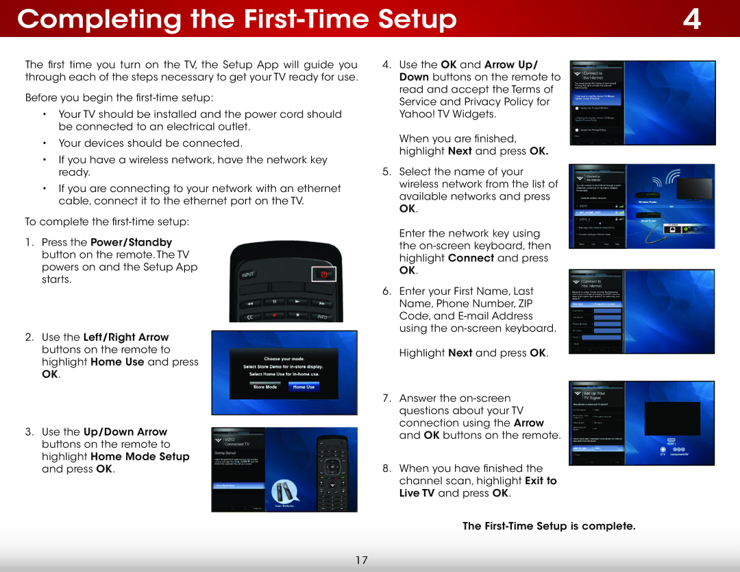 Vizio E241IA1W, E241I-A1W user manual Completing the First-Time Setup 