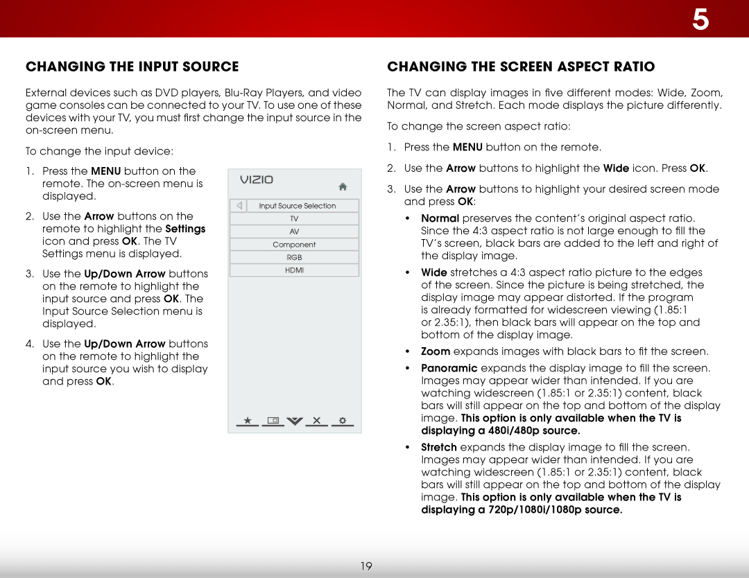 Vizio E241IA1W, E241I-A1W user manual Changing the Input Source, Changing the Screen Aspect Ratio 