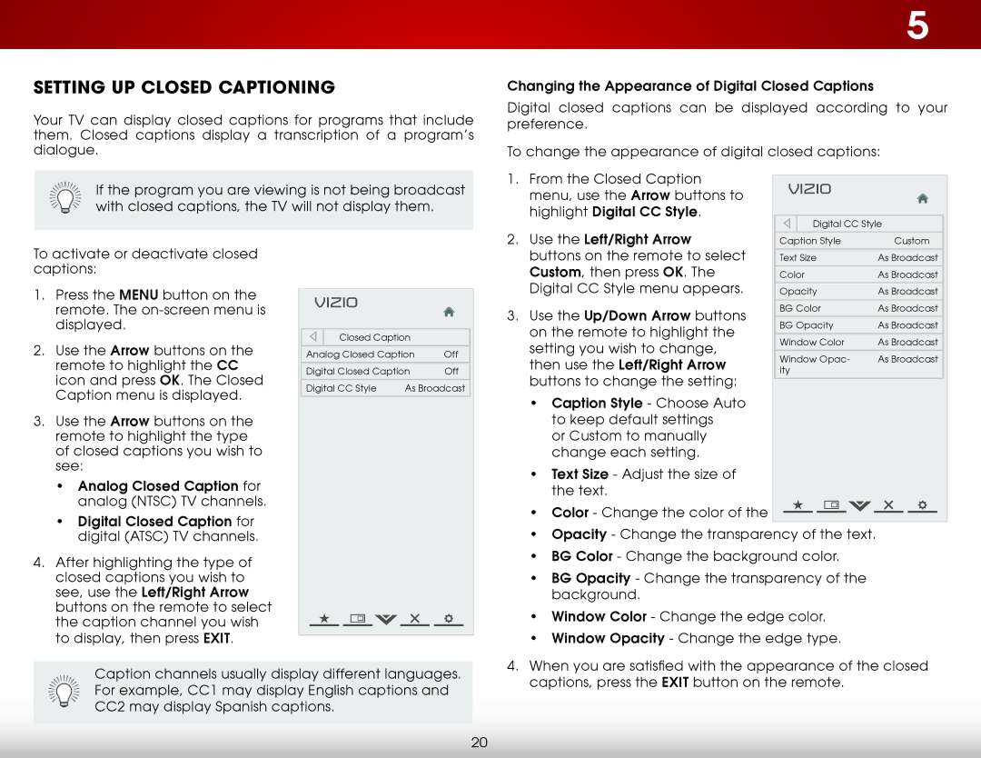 Vizio E241I-A1W, E241IA1W user manual Setting Up Closed Captioning 