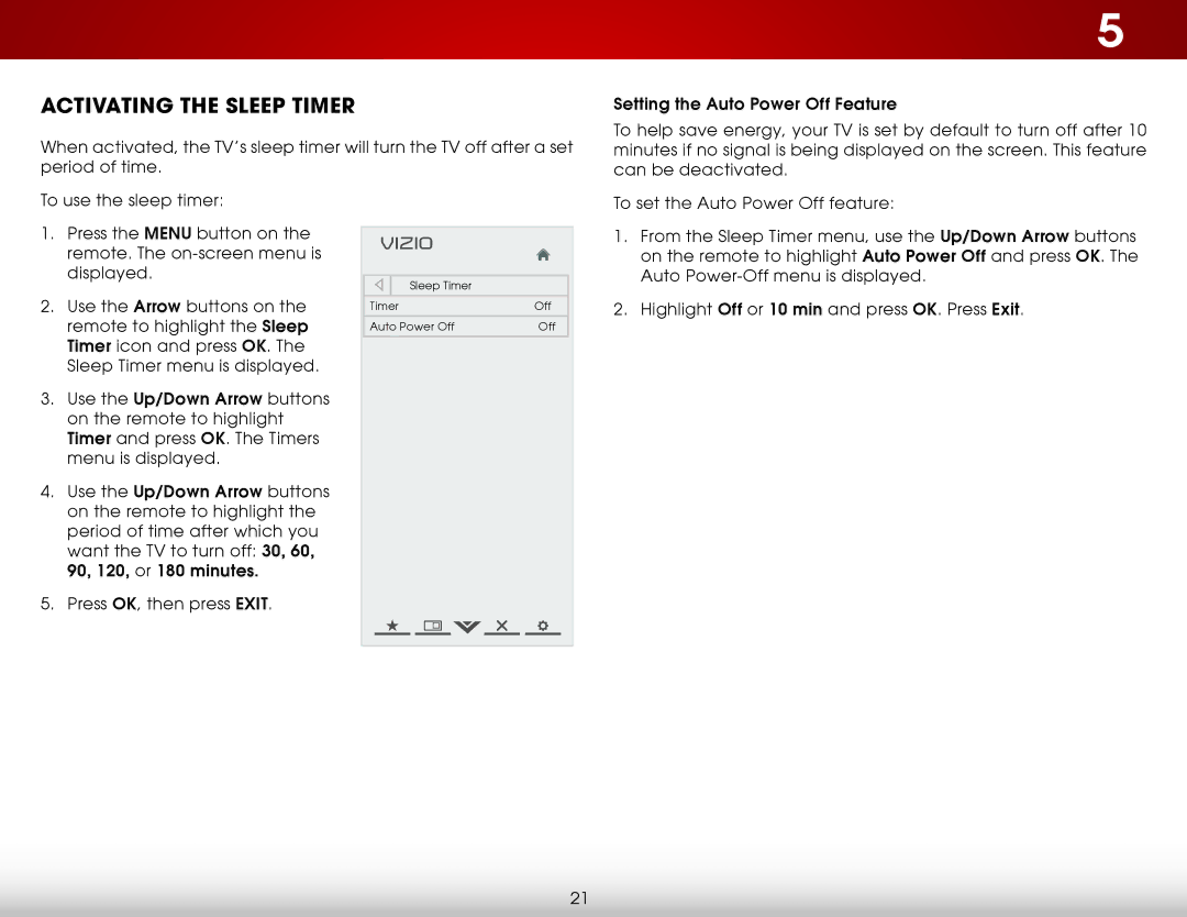 Vizio E241IA1W, E241I-A1W user manual Activating the Sleep Timer, Setting the Auto Power Off Feature 