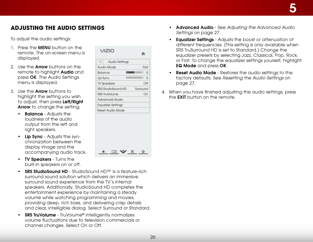 Vizio E241IA1W, E241I-A1W user manual Adjusting the Audio Settings, Advanced Audio See Adjusting the Advanced Audio 