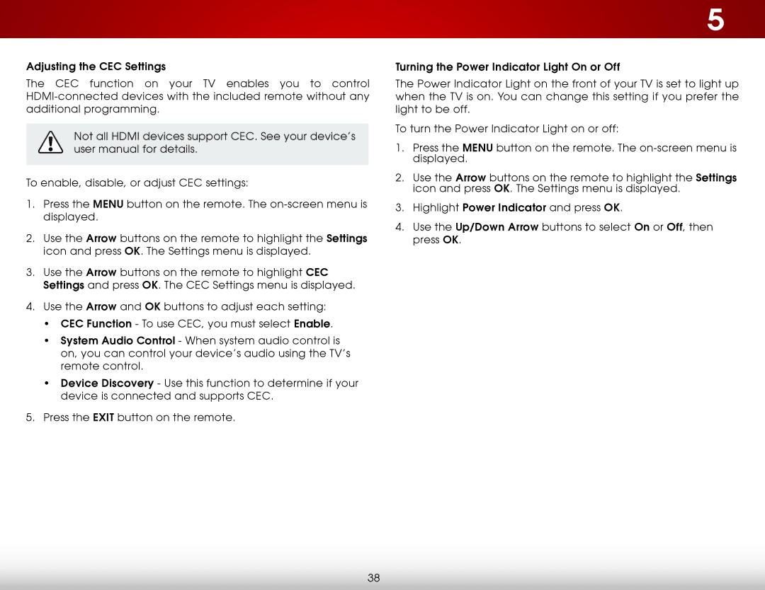 Vizio E241IA1W, E241I-A1W user manual Adjusting the CEC Settings, Turning the Power Indicator Light On or Off 