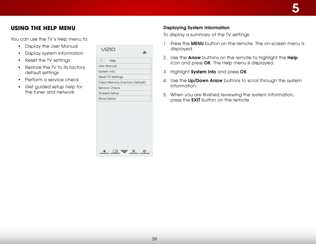 Vizio E241IA1W, E241I-A1W user manual Using the Help Menu, Displaying System Information 