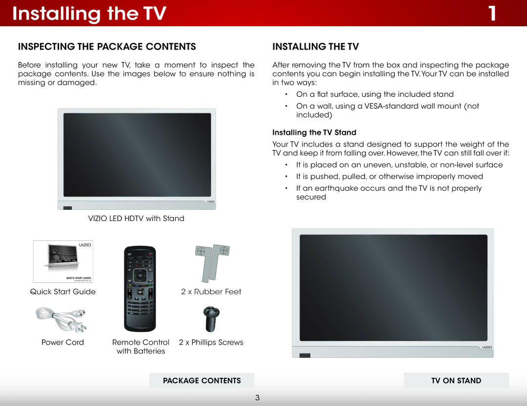 Vizio E241IA1W, E241I-A1W user manual Installing the TV, Inspecting the Package Contents 