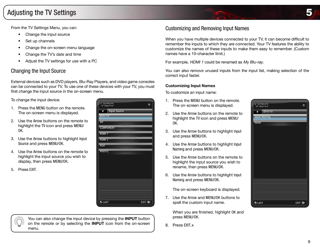 Vizio E261VA, E260VA, E220VA Adjusting the TV Settings, Changing the Input Source, Customizing and Removing Input Names 