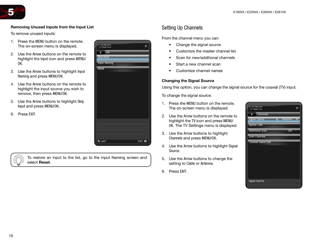 Vizio E220VA, E260VA, E261VA Setting Up Channels, Removing Unused Inputs from the Input List, Changing the Signal Source 