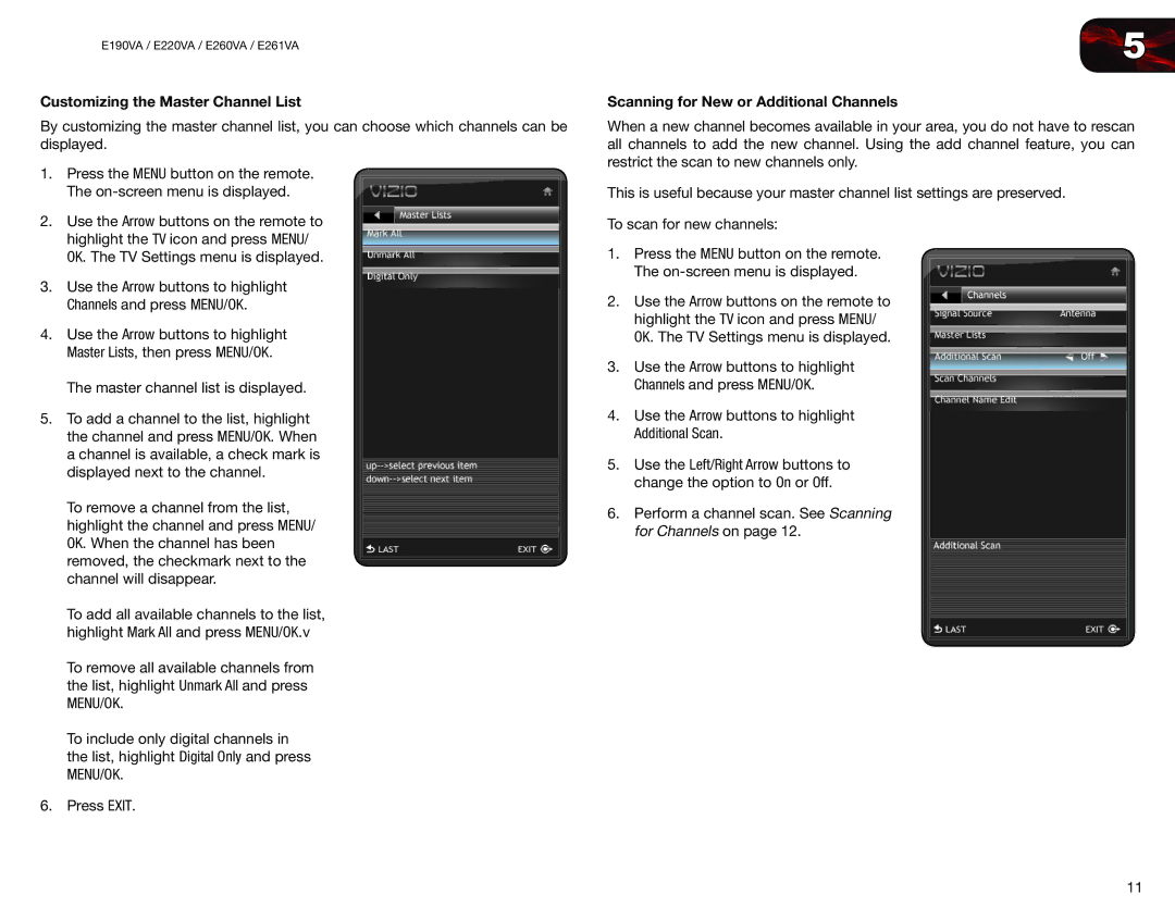 Vizio E190VA, E260VA, E261VA, E220VA user manual Customizing the Master Channel List, Scanning for New or Additional Channels 