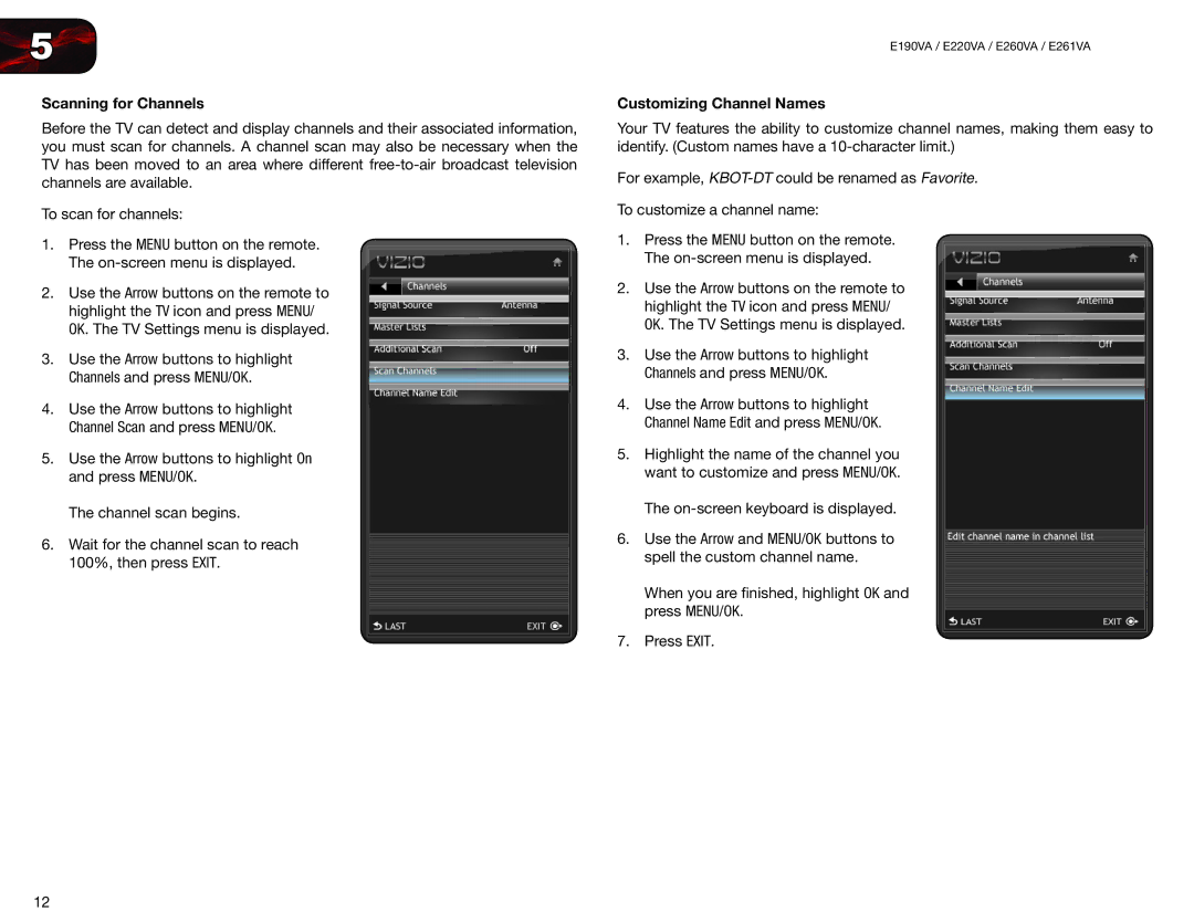 Vizio E260VA, E261VA, E220VA, E190VA user manual Scanning for Channels, Customizing Channel Names 