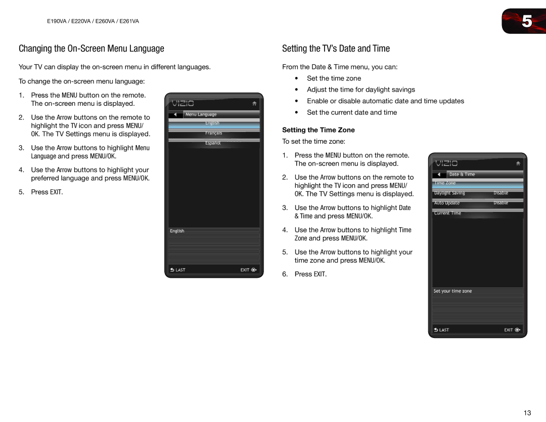 Vizio E261VA, E260VA, E220VA Changing the On-Screen Menu Language, Setting the TV’s Date and Time, Setting the Time Zone 