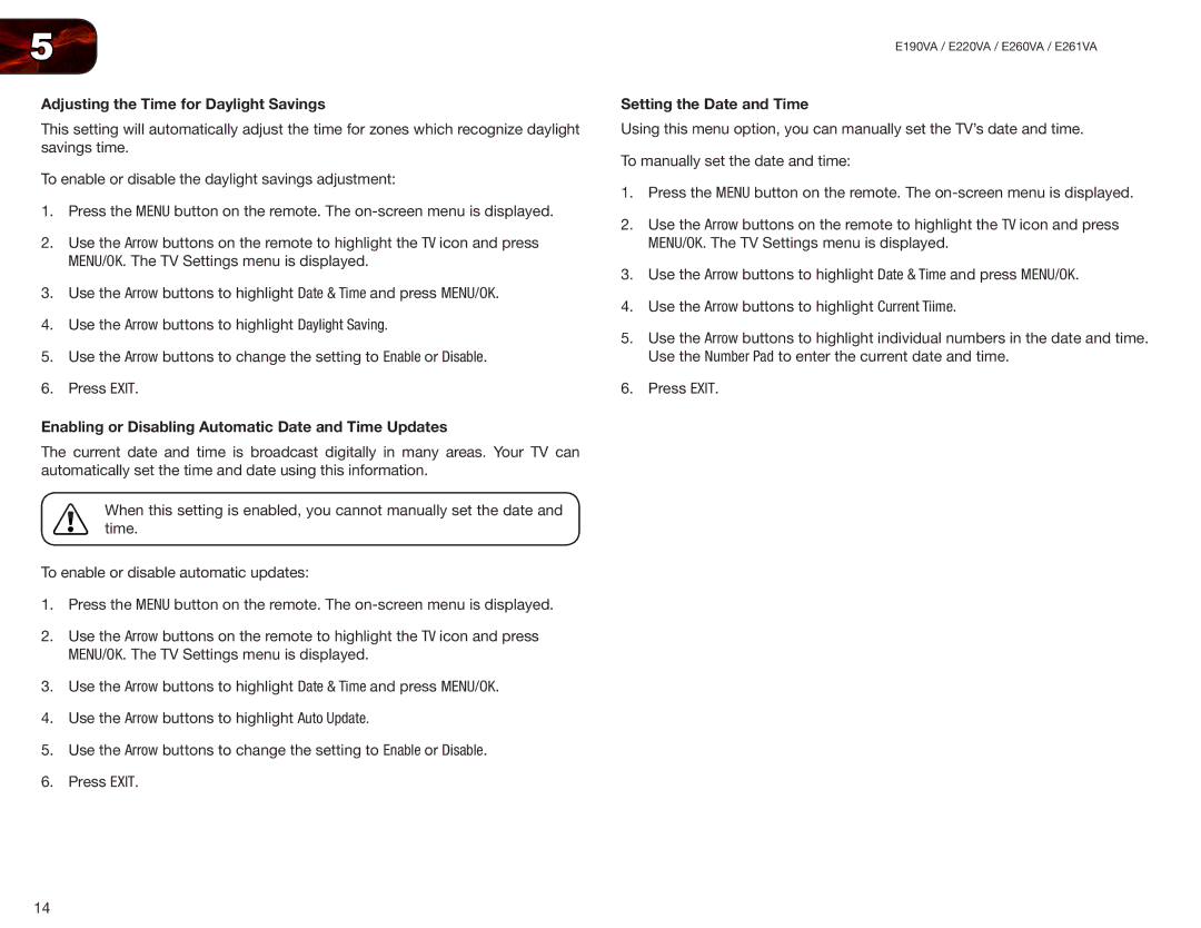 Vizio E220VA, E260VA, E261VA Adjusting the Time for Daylight Savings, Enabling or Disabling Automatic Date and Time Updates 
