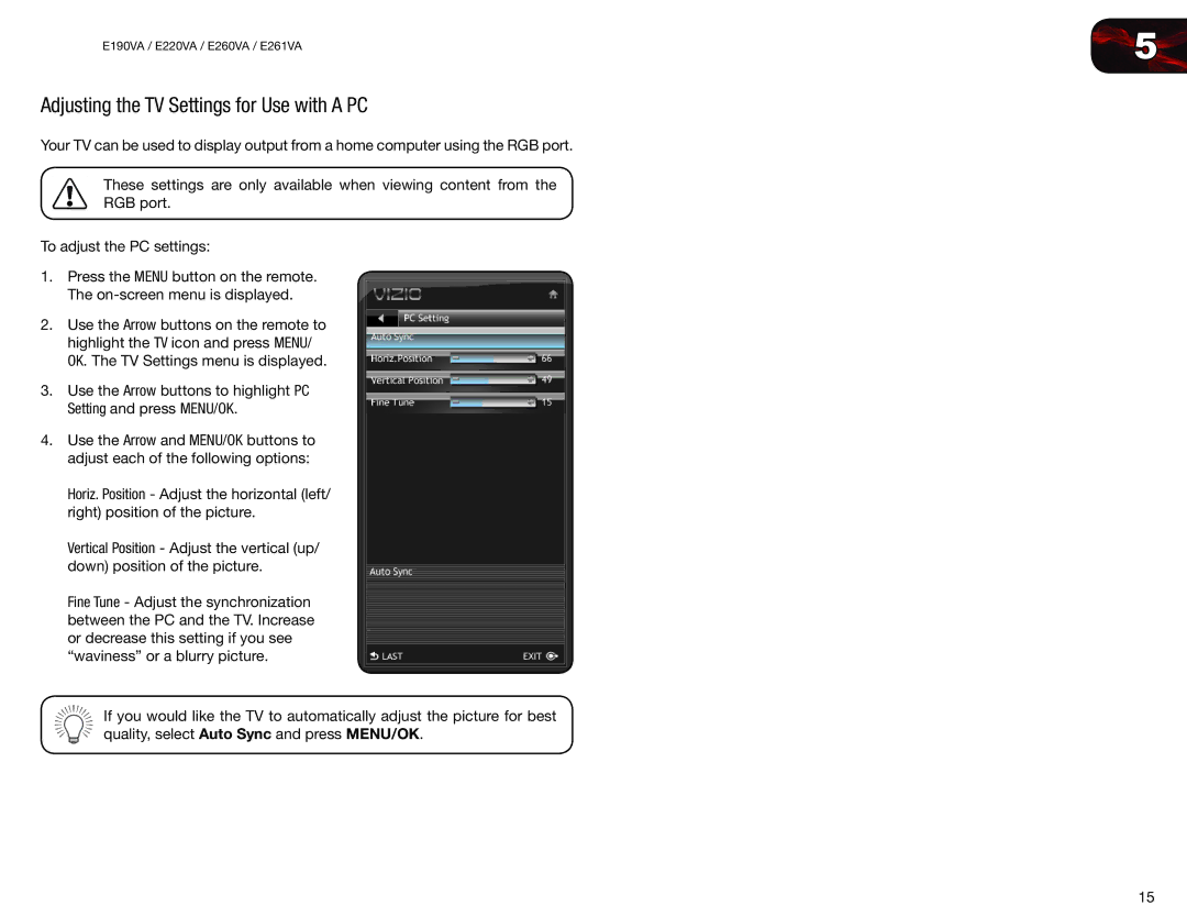 Vizio E190VA, E260VA, E261VA, E220VA user manual Adjusting the TV Settings for Use with a PC 