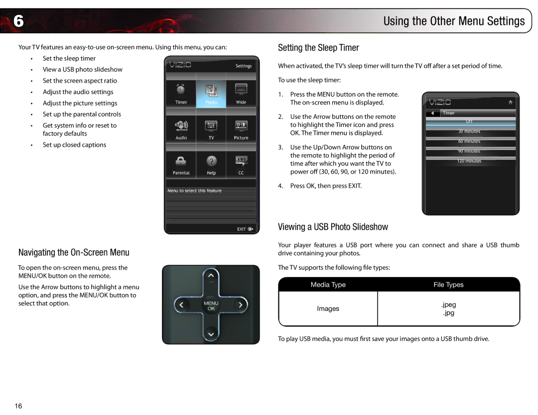 Vizio E260VA, E261VA, E220VA, E190VA Navigating the On-Screen Menu, Setting the Sleep Timer, Viewing a USB Photo Slideshow 