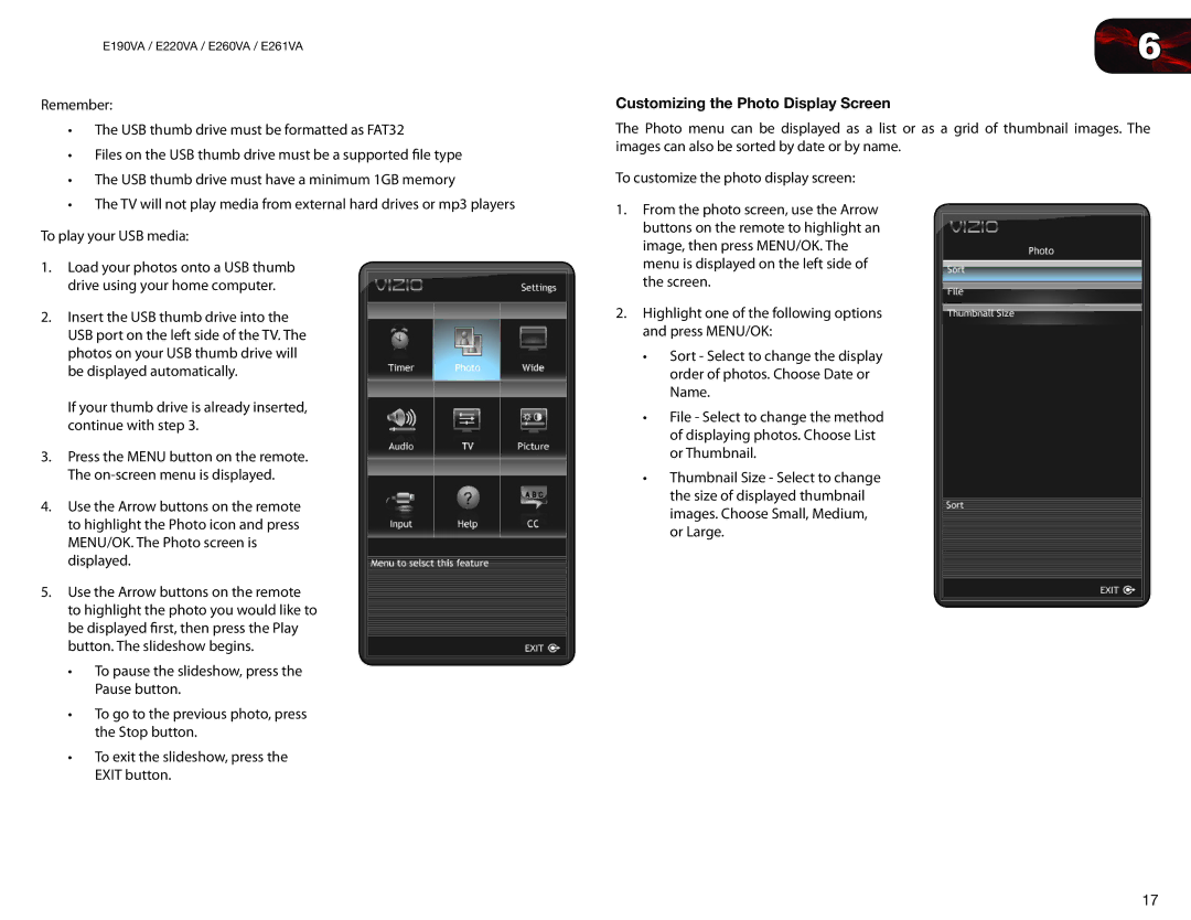 Vizio E261VA, E260VA, E220VA, E190VA user manual Customizing the Photo Display Screen 