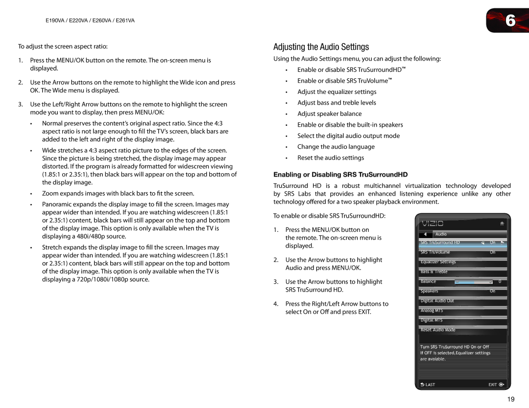 Vizio E190VA, E260VA, E261VA, E220VA user manual Adjusting the Audio Settings, Enabling or Disabling SRS TruSurroundHD 