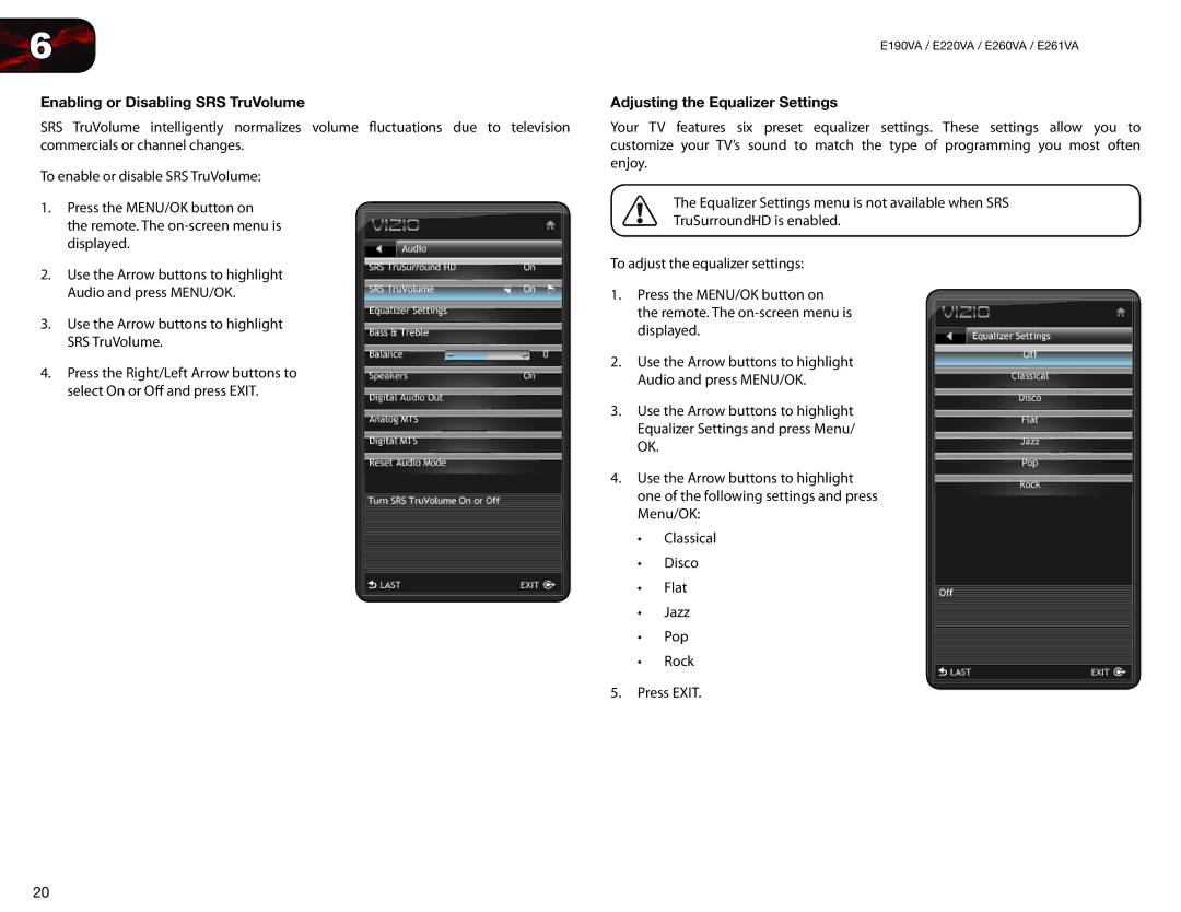 Vizio E260VA, E261VA, E220VA, E190VA user manual Enabling or Disabling SRS TruVolume, Adjusting the Equalizer Settings 