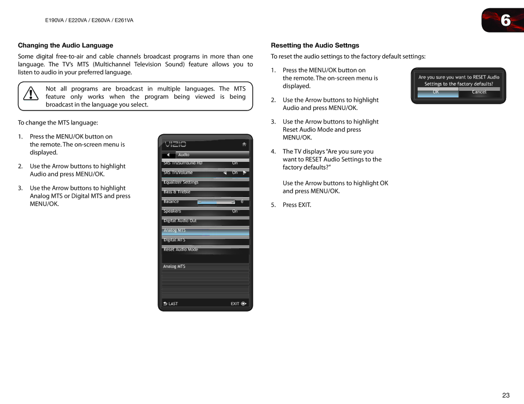 Vizio E190VA, E260VA, E261VA, E220VA user manual Changing the Audio Language, Resetting the Audio Settngs 