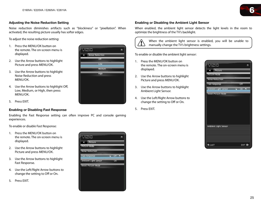 Vizio E261VA, E260VA, E220VA, E190VA user manual Adjusting the Noise Reduction Setting, Enabling or Disabling Fast Response 