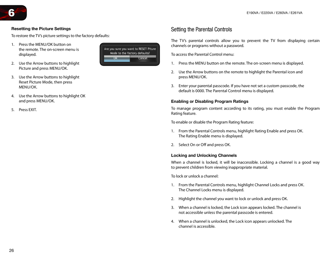 Vizio E220VA, E260VA Setting the Parental Controls, Resetting the Picture Settings, Enabling or Disabling Program Ratings 