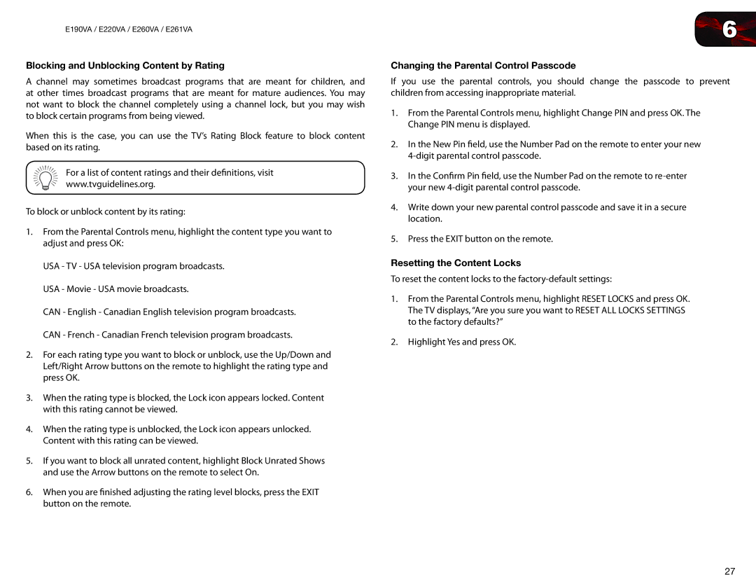 Vizio E190VA, E260VA, E261VA, E220VA Blocking and Unblocking Content by Rating, Changing the Parental Control Passcode 