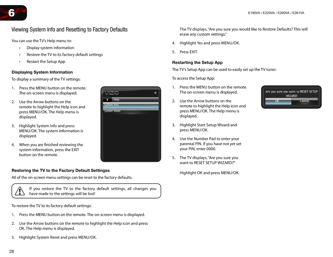 Vizio E260VA, E261VA, E220VA, E190VA Viewing System Info and Resetting to Factory Defaults, Displaying System Information 