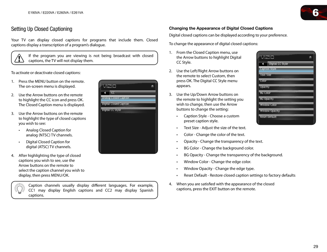 Vizio E261VA, E260VA, E220VA, E190VA Setting Up Closed Captioning, Changing the Appearance of Digital Closed Captions 